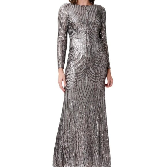 ADRIANNA PAPELL Long Sleeve Stretch Sequin Mermaid Gown Sz 2,4,6 - Picture 1 of 3